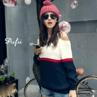 Off-Shoulder Color-Block Knit Sweater