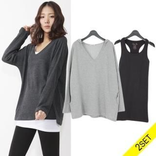 Set: V-Neck Hooded Pullover + Sleeveless Top
