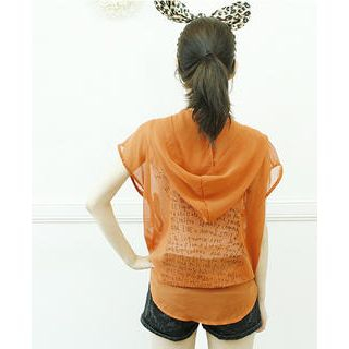 Print Back Hooded Sheer Blouse Print Back Hooded Sheer Blouse