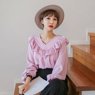 PPGIRL - V-Neck Frilled-Detail Top 
