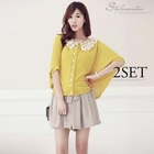 Stylementor - Set: Lace Collar Elbow-Sleeve Cardigan + Flap Skort