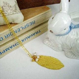 Gold Pearl Long Leave Necklace