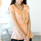 Tokyo Fashion - Pleated-Collar Gathered-Waist Chiffon Top