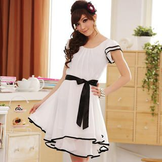 Short-Sleeve Layered Chiffon Dress