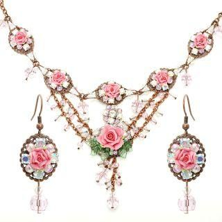 Unique romantic vibrant pink rose choker & earrings set