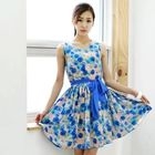 Miss Hong - Floral Print Sleeveless Dress With Sash