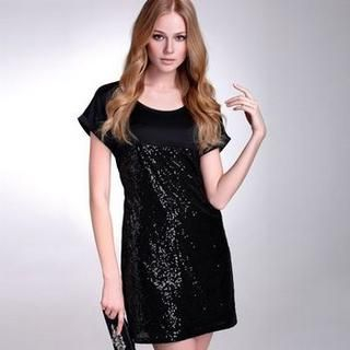 Short-Sleeve Sequined Panel Dress