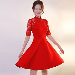 皇家尚品 - 蕾丝拼接短袖中式领A字晚装裙 皇家尚品 - 蕾丝拼接短袖中式领A字晚装裙