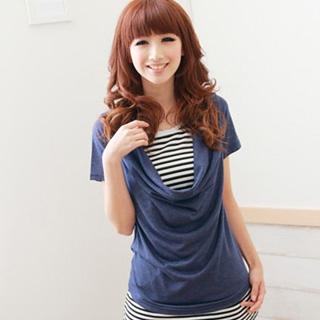 Inset Striped Cowl-Neck Short-Sleeve T-Shirt Inset Striped Cowl-Neck Short-Sleeve T-Shirt