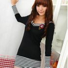 59 Seconds - Striped-Ribbing Slim Dress (Pin not Included)