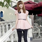 Mooiee - Puff-Sleeve Pleated Top with Belt & Corsage