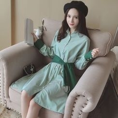 沐乃衣 - 長袖條紋襯衫連衣裙配腰帶 沐乃衣 - 長袖條紋襯衫連衣裙配腰帶