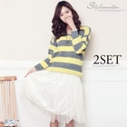 Stylementor - Set: Striped Knit Top + Tulle Overlaid Skirt