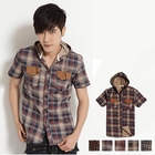 AOYAMA - Hooded Short-Sleeve Plaid Shirt