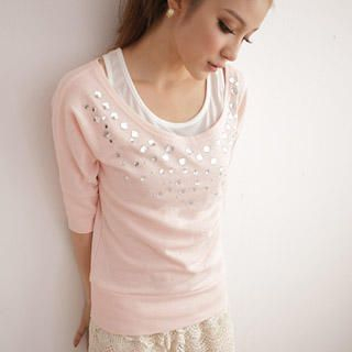 Set: Jeweled 3/4-Sleeve Top + Tank Top