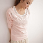 D.P-Shop - Set: Jeweled 3/4-Sleeve Top + Tank Top