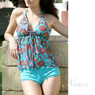NEWS - 3 pcs. Set Plain Color Bikini set with Printed Mesh Skirted Tankini