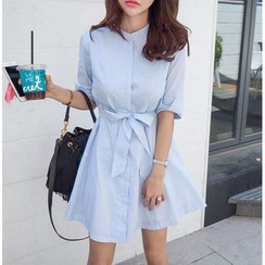Katie Bloom - Striped Tie-Sash Shirtdress Katie Bloom - Striped Tie-Sash Shirtdress
