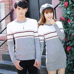 Igsoo - Couple Matching Patterned Knit Pullover / Long-Sleeve Patterned Knit Dress Igsoo - Couple Matching Patterned Knit Pullover / Long-Sleeve Patterned Knit Dress