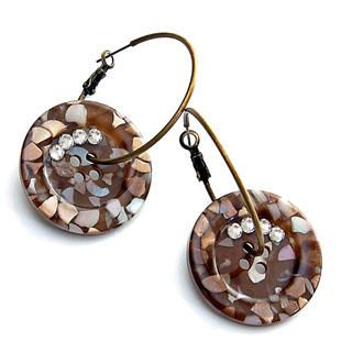 Big Big Brown Buttons w/Swarvoski Crystals Hoop Earrings