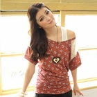 Tokyo Fashion - Set: Lace Panel Bow-Print Top + Heart Necklace