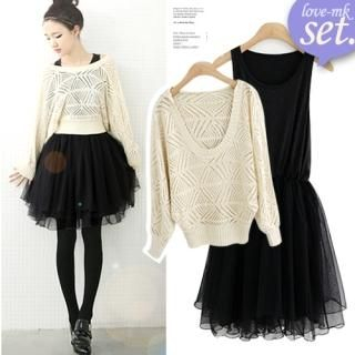 Set: Hooded Dolman Sleeve Knit Top + Sleeveless Layered Tulle-Hem Dress Set: Hooded Dolman Sleeve Knit Top + Sleeveless Layered Tulle-Hem Dress