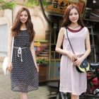NamuDDalgi - Set: Dotted Sleeveless Dress + Sleeveless Inner Dress + Rope Belt