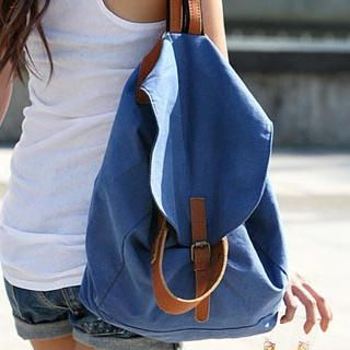 Faux-Leather-Buckled Canvas Backpack Faux-Leather-Buckled Canvas Backpack
