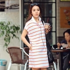 REDOPIN - Drop-Shoulder Striped Polo Dress