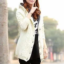 Hanee - Fleece-Lined Cable Knit Hooded Long Cardigan Hanee - Fleece-Lined Cable Knit Hooded Long Cardigan