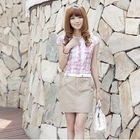 Mooiee - Puff-Sleeve Frill-Trim Plaid Dress