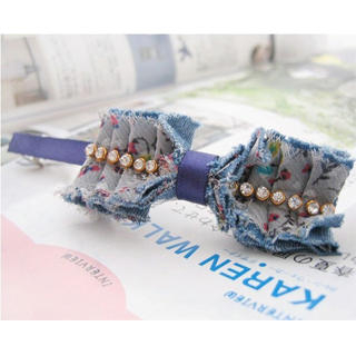 Denim Bow With Diamond Hairpin -Blue Denim Bow With Diamond Hairpin -Blue