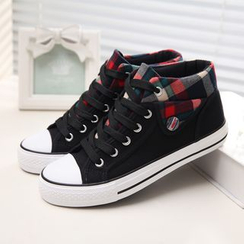 Solejoy - Plaid-Trim Canvas Sneakers Solejoy - Plaid-Trim Canvas Sneakers