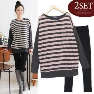 Set: Striped Long Knit Top + Skinny Pants
