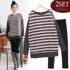 Soneed - Set: Striped Long Knit Top + Skinny Pants