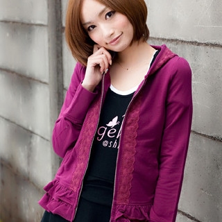 Lace-Trim Ruffle Hem Hoodie