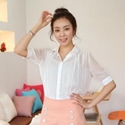 SUVINSHOP - Short-Sleeve Accordion-Pleat Sheer Blouse