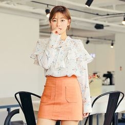 HOTPING - Tie-Front Floral Print Top HOTPING - Tie-Front Floral Print Top