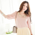 Tokyo Fashion - Sequined Collar Elbow-Sleeve Frilled Top