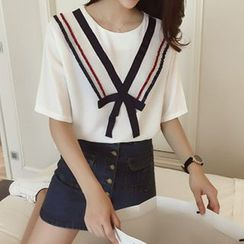 November Rain - Ribbon Trim Short-Sleeved Top November Rain - Ribbon Trim Short-Sleeved Top