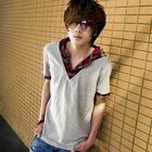 MR.ZERO - Inset Hooded Plaid Shirt V-Neck Top