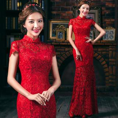 皇家尚品 - 盖袖中式领蕾丝紧身晚礼服 皇家尚品 - 盖袖中式领蕾丝紧身晚礼服
