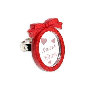 Red Glitter Sweet Heart Pendant Silver Ring