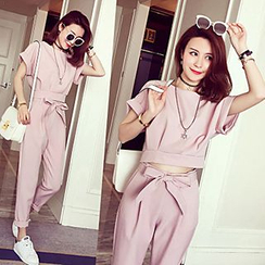 lilygirl - Set: Cropped Top + Baggy Pants with Sash lilygirl - Set: Cropped Top + Baggy Pants with Sash