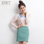 yeomong - Set: Denim Collar Long-Sleeve Top + Cotton Blend Miniskirt