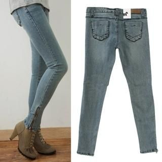 Zip-Accent Washed Skinny Jeans