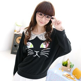 59 Seconds - Crochet Collar Cat Print Top 59 Seconds - Crochet Collar Cat Print Top