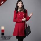 DRESSEE - Set: Double-Breasted Coat + Faux-Fur Buckled Scarf