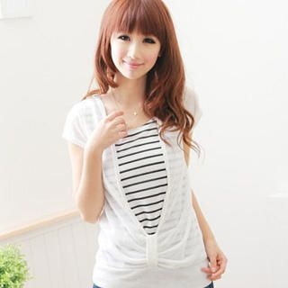 Inset Striped Deep V-Neck T-Shirt