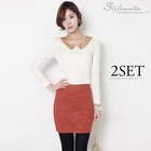 Stylementor - Set: Sequined-Collar Knit Top + Glitter Pencil Skirt